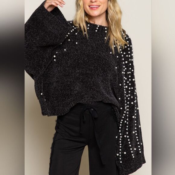 POL USA Oversized Pearl Embellished Sleeves Sweater Extra Baggy Sz Small - Picture 7 of 7